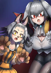  2girls alternate_costume alternate_eye_color animal_ears animal_hands animal_nose bangs_pinned_back bat_ears bat_hair_ornament breasts cape claw_pose commentary dual_persona english_commentary fake_animal_ears fangs forehead gloves grey_hair hair_between_eyes hair_ornament hairband halloween halloween_costume head_wings highres john_(a2556349) kemono_friends large_breasts looking_at_viewer multiple_girls oerba_yun_fang open_mouth pantyhose paw_gloves paw_hair_ornament red_eyes shirt shoebill_(kemono_friends) short_hair signature single_sidelock white_gloves white_shirt wings yellow_eyes 