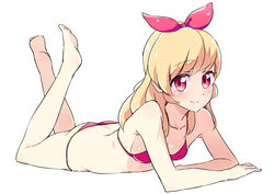  aikatsu! aikatsu!_(series) arm_rest armpit_crease ass back bare_arms bare_legs bare_shoulders barefoot bikini blonde_hair blush bow breasts butt_crack collarbone commentary feet_up female from_side full_body hairband hairbow hoshimiya_ichigo itouchaba long_hair looking_at_viewer looking_to_the_side lying midriff on_stomach pink_bikini red_bow red_eyes red_hairband sideboob simple_background small_breasts smile solo stomach string_bikini swimsuit the_pose white_background 