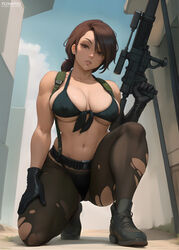  ai-generated artist_name bare_shoulders black_eyes black_hair boots breasts collarbone commentary covered_navel english_commentary female flowerxl front-tie_top gloves gun holding holding_gun holding_weapon large_breasts lips long_hair looking_at_viewer metal_gear_(series) metal_gear_solid_v:_the_phantom_pain navel panties panties_under_pantyhose pantyhose patreon_username ponytail quiet_(metal_gear) solo thighs torn_clothes torn_pantyhose underwear watermark weapon web_address 