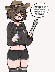  aki_(snale) alcohol beer beer_can black-framed_eyewear black_hoodie black_shorts black_thighhighs blush brown_eyes brown_hair brown_hat can corona_(brand) cowboy_hat cowboy_shot crop_top cropped_hoodie dolphin_shorts drink_can english_text female glasses grill_la_grill_(meme) hat highres holding holding_can holding_tongs hood hoodie i_just_wanna_grill_for_god&#039;s_sake_(meme) konohagakure_symbol long_sleeves looking_back meme midriff naruto_(series) navel open_mouth original short_shorts shorts skindentation snale solo standing thighhighs tongs truth 