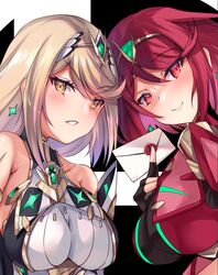  2girls ara_ara backless_outfit blonde_hair blush breasts chest_jewel dangle_earrings earrings fingerless_gloves gem gloves headpiece highres holding holding_letter inoue_takuya_(tactactak) jewelry large_breasts letter multiple_girls mythra_(massive_melee)_(xenoblade) mythra_(xenoblade) pyra_(xenoblade) red_eyes red_hair red_legwear red_shorts short_hair short_sleeves shorts smash_invitation super_smash_bros. tsundere xenoblade_chronicles_(series) xenoblade_chronicles_2 