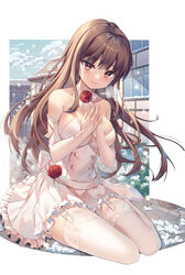  absurdres armpits breasts bride brown_hair cleavage closed_mouth collarbone cup dress female frilled_dress frilled_skirt frills greenapple hands_up highres kneeling korean_commentary large_breasts long_hair medium_breasts orange_eyes original skirt sleeveless sleeveless_dress smile solo teacup teardrop very_long_hair wedding_dress 