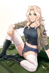  azasuke black_footwear black_shirt blonde_hair blue_eyes blue_shorts boots breasts closed_mouth cutoffs denim denim_shorts female girls_und_panzer green_jacket hair_intakes hand_on_own_knee highres jacket kay_(girls_und_panzer) knee_up large_breasts long_hair midriff navel saunders_military_uniform shirt short_shorts shorts sitting smile solo thighhighs wavy_hair white_thighhighs 