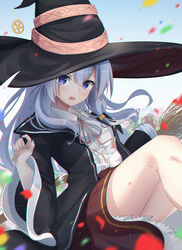  black_hat black_jacket blue_eyes blurry blurry_background blurry_foreground blush breasts broken broom collared_shirt commentary depth_of_field elaina_(majo_no_tabitabi) eyebrows_visible_through_hat eyes_visible_through_headwear female frilled_skirt frills grey_hair hair_between_eyes hands_up hat highres jacket long_hair looking_at_viewer majo_no_tabitabi md5_mismatch neck_ribbon open_mouth petals pink_ribbon revision ribbon rinne_(buye_rinne) shirt skirt small_breasts solo sweatdrop white_shirt witch_hat 