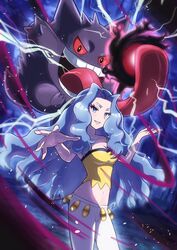  bare_arms bare_shoulders blue_eyes blue_hair blurry breasts camisole capri_pants cleavage commentary_request cowboy_shot crop_top eyelashes female gengar highres karen_(pokemon) large_breasts light_blue_hair long_hair medium_breasts midriff navel pants parted_bangs parted_lips pokemon pokemon_(creature) pokemon_hgss shadow_ball_(pokemon) sheyona shirt sleeveless sleeveless_shirt smile spaghetti_strap spread_fingers teeth tongue tongue_out wavy_hair white_pants yellow_camisole yellow_shirt 