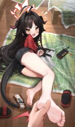  1other absurdres ahoge ass barefoot black_hair black_shorts blue_archive blush breasts commentary comodomodo demon_girl demon_horns demon_tail english_commentary feet female foot_massage full_body hair_intakes halo highres holding_another&#039;s_foot horns indoors kasumi_(blue_archive) legs long_hair looking_at_viewer lying oerba_yun_fang on_floor on_side open_mouth pov pov_hands red_halo red_shirt sandals shirt short_shorts shorts skin_fang small_breasts soles tail toes unworn_sandals variant_set yellow_eyes 