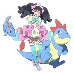  :d black_eyes black_hair blue_bow blue_ribbon blue_thighhighs bow commentary_request croconaw detached_sleeves dress drill_hair egg elbow_gloves female gaaruru_(pripara) gloves green_eyes headband oerba_yun_fang open_mouth orihika pink_bow pink_dress pink_gloves pokemon pokemon_(creature) pokemon_egg pretty_series pripara puffy_shorts puffy_sleeves red_eyes ribbon shoes shorts simple_background smile standing thighhighs totodile white_background 