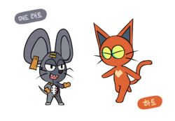  animal_crossing anthro anthrofied chibi crossover domestic_cat duo felid feline felis fur grey_body grey_fur heart_(mad_rat_dead) jaeki korean_text mad_rat_(mad_rat_dead) mad_rat_dead male mammal murid murine nintendo nippon_ichi_software rat red_body red_fur rodent style_emulation text 