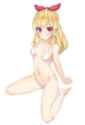  aikatsu! aikatsu!_(series) arm_support arms_behind_back bare_arms bare_legs bare_shoulders barefoot bikini blonde_hair blush bow breasts cleavage collarbone commentary female full_body groin hairbow highleg highleg_bikini highleg_swimsuit hoshimiya_ichigo itouchaba long_hair looking_at_viewer midriff navel red_bow red_eyes simple_background sitting small_breasts solo stomach string_bikini swimsuit wariza white_background white_bikini 