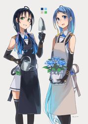  2girls ahoge apron black_apron black_gloves black_thighhighs blonde_hair blue_eyes blue_flower blue_hair commentary_request elbow_gloves flower flower_pot gloves gradient_hair green_eyes grey_background grin highres holding hydrangea kantai_collection long_hair low_twintails multicolored_hair multiple_girls open_mouth samidare_(kancolle) simple_background smile sugue_tettou suzukaze_(kancolle) thighhighs trowel twintails twitter_username watering_can white_apron 