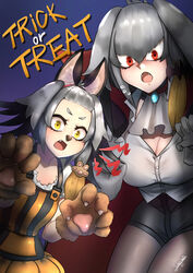  2girls alternate_costume alternate_eye_color animal_ears animal_hands animal_nose bangs_pinned_back bat_ears bat_hair_ornament breasts cape claw_pose commentary dual_persona english_commentary fake_animal_ears fangs forehead gloves grey_hair hair_between_eyes hair_ornament hairband halloween halloween_costume head_wings highres john_(a2556349) kemono_friends large_breasts looking_at_viewer multiple_girls oerba_yun_fang open_mouth pantyhose paw_gloves paw_hair_ornament red_eyes shirt shoebill_(kemono_friends) short_hair signature single_sidelock trick_or_treat white_gloves white_shirt wings yellow_eyes 