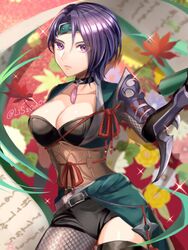  armor asymmetrical_legwear autumn_leaves belt belt_buckle black_belt black_choker black_pantyhose black_shorts black_thighhighs bodice breasts buckle choker cleavage closed_mouth collarbone commentary_request female fire_emblem fire_emblem:_three_houses fire_emblem_heroes fishnet_pantyhose fishnets headband highres large_breasts leaf lips looking_at_viewer ninja obi official_alternate_costume pantyhose pink_lips purple_eyes purple_hair sash scroll shamir_nevrand shamir_nevrand_(ninja) short_hair short_shorts shorts shoulder_armor shuriken single_leg_pantyhose single_thighhigh solo spikes thighhighs twitter_username weapon youhei_choregi 