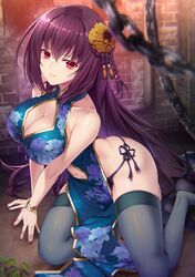  bare_shoulders bracelet breasts chains china_dress chinese_clothes cleavage cleavage_cutout clothing_cutout collarbone dress emanon123 fate/grand_order fate_(series) female flower hair_between_eyes hair_flower hair_ornament highres jewelry large_breasts long_hair looking_at_viewer navel navel_cutout purple_hair red_eyes red_nails scathach_(fate) smile solo thighhighs very_long_hair yellow_flower 