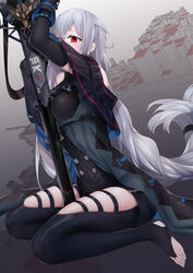  absurdly_long_hair absurdres arknights black_bracelet black_gloves black_jacket black_shirt black_shorts breasts elbow_gloves female gloves grey_hair highres infection_monitor_(arknights) jacket long_hair looking_at_viewer low-tied_long_hair medium_breasts open_clothes open_jacket planted planted_sword red_eyes seiza shirt shorts sitting skadi_(arknights) skadi_(elite_ii)_(arknights) solo sword thigh_strap thighs very_long_hair weapon xo_(xo17800108) 