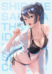  bare_shoulders bikini black_hair breasts character_name cleavage collared_shirt commentary_request female food hair_between_eyes happy_birthday high_ponytail idolmaster idolmaster_shiny_colors large_breasts leaning_forward multi-strapped_bikini navel o-ring o-ring_bikini open_mouth popsicle see-through shirase_sakuya shirt side-tie_bikini_bottom sidelocks solo swimsuit thighs torokko white_shirt yellow_eyes 