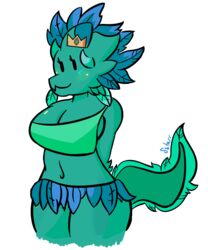  5:6 absurd_res anthro big_breasts blush blush_lines breasts clothed clothing crown female glistening glistening_body green_body green_clothing green_scales green_topwear headgear hi_res horn kobold kobold_princess leaf_skirt looking_at_viewer navel princess_and_conquest reptile scales scalie short_stack simple_background skimpy smile smiling_at_viewer solo sstarr tail thick_thighs topwear usnug white_background 