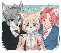  2019 anthro black_nose blonde_hair blue_eyes bunny_ears_(gesture) canid canine canis clothing clothing_pull domestic_dog eyewear felid female front_view fur gesture glasses green_eyes grey_body grey_fur grey_hair grin group hair inner_ear_fluff lion looking_at_viewer male mammal multicolored_body multicolored_fur necktie necktie_pull pantherine pawpads pink_eyes pink_hair pink_nose rin_(zuekrz) sebastian_(zuekrz) shiba_inu shirt smile spitz suit tan_body tan_fur theo_(zuekrz) topwear trio tuft two_tone_body two_tone_fur whiskers white_body white_fur zuekrz 