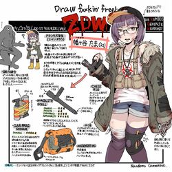  1boy ? arrow_(symbol) bag bandage_on_face bandaged_leg bandages baseball_cap binder_clip biohazard_symbol black_headwear black_legwear blood blood_on_bandages blood_on_clothes blowtorch boots boxcutter brown_eyes censored censored_text chains character_name chibi coat commentary_request denim denim_shorts duct_tape electrical_tape english_text female fingerless_gloves flashlight flat_chest fur-trimmed_hood fur_trim glasses gloves green_coat hair_ornament hairclip hat highres holding holding_weapon hood improvised_weapon ina_(gokihoihoi) jewelry key key_necklace knee_brace knees_together_feet_apart long_sleeves looking_at_viewer messenger_bag necklace orange_bag original pouch profanity purple_hair reference_sheet shirt short_hair shorts shoulder_bag simple_background stats sweatdrop tactical_clothes tank_top tape text_focus thighhighs tonfa translated weapon white_background white_shirt yellow_footwear 