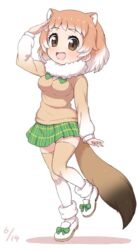  :d animal_ears black-tailed_prairie_dog_(kemono_friends) bow brown_eyes commentary_request dated female footwear_bow full_body fur_collar gradient_hair gradient_legwear green_skirt hand_up highres kemono_friends light_brown_hair long_sleeves looking_at_viewer medium_hair multicolored_clothes multicolored_hair open_mouth plaid plaid_skirt pleated_skirt ransusan salute shoes simple_background skirt smile solo tail thighhighs white_background white_hair zettai_ryouiki 