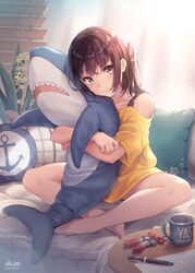  3: alternate_costume anchor_print backlighting bare_legs bare_shoulders barefoot brown_hair closed_mouth coffee_mug collarbone commentary_request couch cup female hugging_doll hugging_object ikea_shark indian_style indoors kantai_collection long_hair looking_at_viewer morigami_(morigami_no_yashiro) mug mug_writing no_pants off-shoulder_shirt off_shoulder on_couch one_side_up pen pillow plant sendai_(kancolle) shirt sidelocks sitting solo stuffed_animal stuffed_shark stuffed_toy table thighs window_blinds yellow_shirt 