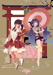  2girls :d absurdres ascot bangle bare_legs bare_shoulders barefoot black_footwear black_hair blue_ascot blue_bow blue_eyes blue_hair blue_skirt blush bow bracelet branch breasts broom brown_background brown_eyes building cherry_blossoms chinese_commentary commentary detached_sleeves drawstring frilled_bow frilled_shirt_collar frills full_body grey_hoodie hair_tubes hairbow hakurei_reimu highres holding holding_broom holding_stuffed_toy holding_umbrella hood hoodie jewelry long_hair long_sleeves looking_at_another looking_up miniskirt multiple_girls oil-paper_umbrella open_mouth outline parted_lips petals petticoat ponytail red_bow red_skirt red_umbrella ribbon-trimmed_sleeves ribbon_trim sandals sarashi shide short_sleeves sidelocks skirt skirt_set small_breasts smile socks stuffed_animal stuffed_cat stuffed_toy tabi thighs torii touhou translated tuck_(tuck23978434) umbrella very_long_hair white_legwear white_outline wide_sleeves yorigami_shion 