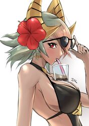  black_one-piece_swimsuit breasts bubble_tea bubble_tea_challenge commentary cup dark-skinned_female dark_skin deekei drinking drinking_straw earrings female fire_emblem fire_emblem_heroes flower from_side gradient_hair green_hair hair_flower hair_ornament highres jewelry laegjarn_(fire_emblem) laegjarn_(summer)_(fire_emblem) large_breasts multicolored_hair one-piece_swimsuit orange_hair red_eyes short_hair sideboob simple_background solo sunglasses swimsuit upper_body white_background 