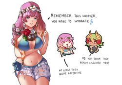  2girls bad_id bad_twitter_id bikini blonde_hair blue_eyes breasts cleavage closed_eyes closed_mouth coconut commentary conope dated drinking_straw earrings english_commentary english_text fire_emblem fire_emblem_heroes flower fruit_cup gradient_hair green_hair gunnthra_(fire_emblem) gunnthra_(summer)_(fire_emblem) hair_flower hair_ornament head_wreath jewelry laegjarn_(fire_emblem) laegjarn_(summer)_(fire_emblem) large_breasts long_hair multicolored_hair multiple_girls navel open_mouth orange_hair pink_hair red_eyes sarong short_hair simple_background swimsuit white_background 