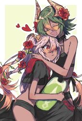  2girls bikini black_one-piece_swimsuit closed_eyes cropped_jacket dark-skinned_female dark_skin fire_emblem fire_emblem_heroes flower from_side gradient_hair green_hair hair_flower hair_ornament heart height_difference highres hug kickboard laegjarn_(fire_emblem) laegjarn_(summer)_(fire_emblem) laevatein_(fire_emblem) laevatein_(summer)_(fire_emblem) long_hair multicolored_hair multiple_girls one-piece_swimsuit open_mouth orange_hair pink_hair plant protected_link red_eyes sarong short_hair siblings sisters swimsuit twintails vines welcome_siesta 