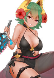  black_one-piece_swimsuit breasts cleavage commentary_request dagger daichi_(tokoya) dark-skinned_female dark_skin female fire_emblem fire_emblem_heroes flower gradient_hair green_hair grin hair_flower hair_ornament highres holding holding_dagger holding_knife holding_weapon knife laegjarn_(fire_emblem) laegjarn_(summer)_(fire_emblem) large_breasts multicolored_hair one-piece_swimsuit orange_hair red_eyes sarong short_hair simple_background smile solo swimsuit thigh_strap weapon white_background 