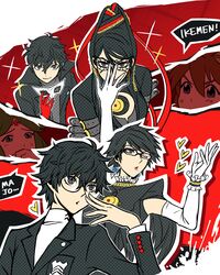  2boys 2girls amamiya_ren badge bayonetta bayonetta_(series) bayonetta_2 black_eyes black_hair black_jacket brown_hair circlet commentary_request dual_persona earrings eyelashes furono_(fuloru) glasses gloves green_hair heart highres jacket jewelry kid_icarus kid_icarus_uprising looking_at_viewer mask mole mole_under_mouth mother_and_son multiple_boys multiple_girls o3o one_eye_closed palutena persona persona_5 pit_(kid_icarus) poses red_gloves school_uniform shuujin_academy_school_uniform smile speech_bubble super_smash_bros. translated upper_body white_gloves 