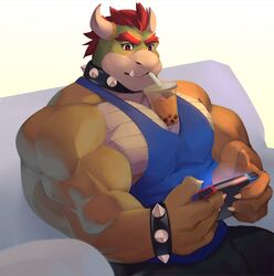  2019 4_fingers anthro between_pecs beverage bottomwear bowser bozi bracelet bubble_tea clothing collar electronics eyebrows fingers game_console hair hands-free_bubble_tea hi_res horn jewelry koopa male mario_bros meme muscular muscular_anthro muscular_male nintendo nintendo_switch pants pecs red_eyes red_hair scalie shell-less shirt solo spiked_bracelet spiked_collar spikes tank_top topwear 