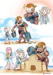  1boy 2girls ane-suisei beach bikini blonde_hair blue_hair bucket closed_eyes commentary_request dark-skinned_male dark_skin fire_emblem fire_emblem_heroes from_side gunnthra_(fire_emblem) gunnthra_(summer)_(fire_emblem) hairband head_wreath helbindi_(fire_emblem) helbindi_(summer)_(fire_emblem) highres holding long_hair male_swimwear multicolored_hair multiple_girls one-piece_swimsuit open_mouth orange_hair outdoors pink_hair sand sand_castle sand_sculpture sarong scar short_hair shovel siblings sisters swim_trunks swimsuit twitter_username water white_hair wreath ylgr_(fire_emblem) ylgr_(summer)_(fire_emblem) 