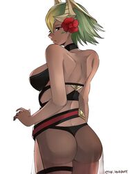  absurdres ass black_one-piece_swimsuit breasts commentary dark-skinned_female dark_skin earrings female fire_emblem fire_emblem_heroes flower from_behind green_hair hair_flower hair_ornament highres jewelry laegjarn_(fire_emblem) laegjarn_(summer)_(fire_emblem) large_breasts looking_back one-piece_swimsuit parted_lips red_eyes sarong see-through short_hair simple_background solo swimsuit thong tommy_(kingdukeee) twitter_username white_background 