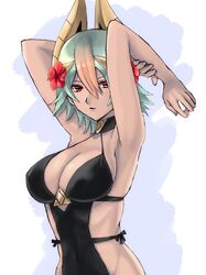  arms_up bad_id bad_twitter_id black_one-piece_swimsuit breasts cleavage commentary dark-skinned_female dark_skin female fire_emblem fire_emblem_heroes flower gradient_hair green_hair hair_flower hair_ornament highres laegjarn_(fire_emblem) laegjarn_(summer)_(fire_emblem) large_breasts multicolored_hair nagisa_fe one-piece_swimsuit orange_hair red_eyes short_hair simple_background solo swimsuit upper_body white_background 