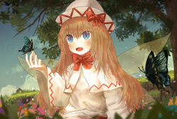  arm_up blonde_hair blue_eyes blue_sky blurry bow bowtie bug butterfly butterfly_on_hand capelet cloud commentary day depth_of_field dress dutch_angle ekaapetto fairy_wings female flower grass hair_between_eyes hat hat_bow highres light_particles lily_white long_hair long_sleeves looking_to_the_side open_mouth outdoors photoshop_(medium) red_bow red_bowtie sky solo swallowtail_butterfly touhou tree upper_body very_long_hair white_capelet white_dress white_hat wide_sleeves wings 