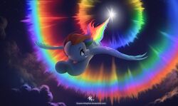  2019 cloud colorful_theme equid equine female flying friendship_is_magic hair hasbro hi_res iridescent iridescent_feathers iridescent_wings katputze mammal multicolored_hair my_little_pony mythological_creature mythological_equine mythology night pegasus purple_eyes rainbow rainbow_dash_(mlp) rainbow_hair sky solo sonic_rainboom star text url wings 