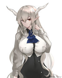  absurdres alternate_costume arknights artist_name ascot black_skirt blue_ascot breasts closed_mouth cropped_jacket female grey_hair high-waist_skirt highres horns impossible_clothes impossible_jacket irkawaza jacket large_breasts long_hair long_sleeves looking_at_viewer pointy_ears red_eyes shining_(arknights) simple_background skirt smile solo twitter_username very_long_hair white_background white_jacket 