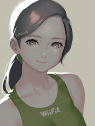  artist_name bare_shoulders bellhenge breasts closed_mouth collarbone commentary copyright_name english_commentary eyelashes female green_background green_tank_top grey_eyes grey_hair large_breasts lipstick long_hair low_ponytail makeup mascara pale_skin pink_lips smile solo super_smash_bros. tank_top upper_body wii_fit wii_fit_trainer wii_fit_trainer_(female) 