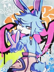  2021 5_fingers amamnamnam anthro blue_body blue_fur candy_in_mouth clothed clothing cody_(world_flipper) collar cygames eating_candy fingers fur gesture graffiti hair hand_gesture japanese_description lagomorph leporid looking_at_viewer looking_back looking_back_at_viewer male mammal rabbit serious solo tail tied_hair topless topless_male v_sign wall_(structure) white_body white_fur world_flipper yellow_eyes 