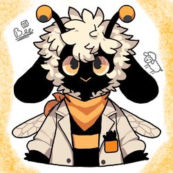  1:1 antennae_(anatomy) anthro arthropod bandana bee beesheep black_body black_fur bovid caprine clothed clothing coat fur hymenopteran insects kerchief lab_coat male mammal orange_eyes sheep solo topwear wings wool_(fur) wool_hair 