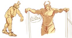  anthro asgore_dreemurr ass beard blonde_hair boss_monster_(undertale) bovid caprine clothed clothing digital_media_(artwork) facial_hair fur hair hi_res horn long_ears male mammal mature_male monster muscular muscular_male nipples puffer_puff simple_background smile solo undertale undertale_(series) 