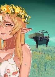  bare_shoulders blonde_hair breasts crying dark-skinned_female dark_skin dress elf female field flower flower_field gameplay_mechanics green_sky half-closed_eyes head_wreath highres hololive large_breasts long_hair midsommar motor_vehicle multicolored_hair open_mouth parody pickup_truck pointy_ears red_eyes shiranui_flare sky solo streaked_hair sweat tears truck uzuradobin virtual_youtuber white_dress white_hair 