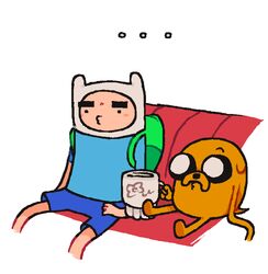  adventure_time anthro backpack blu_moon canid canine canis cartoon_network clothed clothing container cup domestic_dog duo ellipsis finn_the_human hi_res human jake_the_dog male mammal mug sitting 