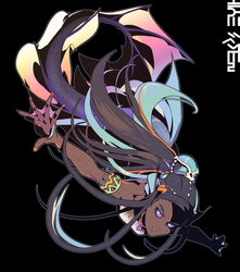  absurdres aqua_hair armlet black_background black_hair black_sclera colored_sclera commentary_request dark-skinned_female dark_skin eyelashes female hair_bun highres jewelry korean_commentary long_hair mermaid monster_girl nail_polish necklace nessa_(pokemon) orange_nails outstretched_arms parted_lips pokemon pokemon_swsh purple_eyes redlhzz solo spread_fingers 