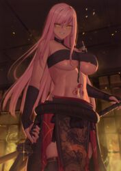  absurdres alter_servant bare_shoulders breasts commission dragon_print fate/grand_order fate_(series) female grin highres kakeku large_breasts long_hair looking_at_viewer miyamoto_musashi_(fate) navel pink_hair pixiv_commission smile solo swept_bangs tattoo thighhighs thighs yellow_eyes 