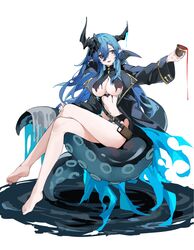  absurdres azur_lane bare_legs barefoot black_coat black_horns blue_eyes blue_hair breasts coat crossed_legs cup feet female full_body hair_between_eyes hand_on_own_knee hand_up highres holding holding_cup horns kirschma large_breasts legs mary_celeste_(azur_lane) navel open_clothes open_coat open_mouth pointy_ears revealing_clothes simple_background sitting smile soles solo stomach suction_cups tentacle toenails toes torn_clothes white_background 