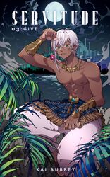  1boy abs arabian_clothes armor barefoot blue_eyes cityscape cloud commentary commission cover cover_page dark-skinned_male dark_skin english_commentary english_text foot_out_of_frame fringe_trim full_moon gem gold_armor gold_necklace greaves hen-tie highres holding holding_jewelry holding_necklace jewelry looking_at_viewer male_focus moon muscular muscular_male necklace night night_sky nipples novel_cover ocean original outdoors palm_leaf pants parted_lips pectorals puffy_pants red_gemstone short_hair_with_long_locks single_sidelock sitting sky smile smoke solo topless_male white_hair white_pants 