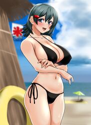  absurdres arms_behind_back beach bikini black_bikini blue_eyes blue_sky cloud cowboy_shot crossed_arms day female grey_eyes hair_ornament hairclip highres horizon innertube iroha_(samurai_spirits) koinobori looking_at_viewer nanao_futaba ocean outdoors samurai_spirits short_hair side-tie_bikini_bottom sky solo swim_ring swimsuit windsock 