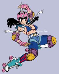  amartbee armor bandaged_arm bandages belt bikini bikini_top_only black_eyes black_hair blood blood_on_bandages blue_leggings breasts bruise_on_stomach chi-chi_(dragon_ball) cleavage combat_helmet covered_nipples denim denim_shorts dragon_ball dragon_ball_(classic) elbow_pads fingerless_gloves floating_hair gloves helmet knee_pads leggings long_hair looking_to_the_side martial_arts nail_polish roller_derby roller_skates scratches shorts shoulder_armor sideboob signature simple_background skates socks spread_legs striped_clothes striped_socks swimsuit twitter_username white_belt 