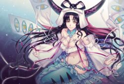  bikini black_hair black_horns blue_background breasts chikage_(sou2_krszti) closed_mouth detached_sleeves eye_print facial_mark fate/grand_order fate_(series) female forehead_mark gradient_background hair_rings highres horns large_breasts long_hair long_horns long_sleeves looking_at_viewer mermaid_costume multicolored_hair multicolored_horns navel parted_bangs pink_hair pink_horns pink_ribbon polka_dot polka_dot_background print_sleeves purple_background ribbon ribbon-trimmed_sleeves ribbon_trim sessyoin_kiara sessyoin_kiara_(swimsuit_mooncancer) sessyoin_kiara_(swimsuit_mooncancer)_(third_ascension) side-tie_bikini_bottom smile solo streaked_hair swimsuit two-tone_horns very_long_hair white_bikini white_ribbon white_sleeves white_veil wide_sleeves yellow_eyes 